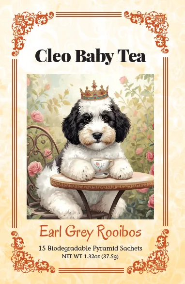 Earl Grey Rooibos label with a crowned dog illustration and an orange floral border.
