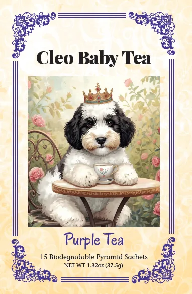 Purple Tea label with a crowned dog illustration and a purple floral border.