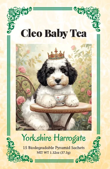 Yorkshire Harrogate label with a crowned dog illustration and a green floral border.