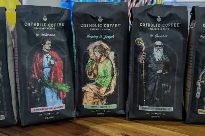 Five Catholic Coffee bags featuring St. Michael the Archangel, St. Valentine, Sleeping St. Joseph, St. Benedict, and Our Lady of Mount Carmel.
