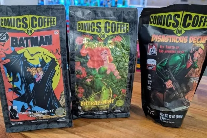 Three Comics Coffee bags featuring Batman Dark Knight Roast, Poison Ivy Entrap-Mint, and Disastrous Decaf.