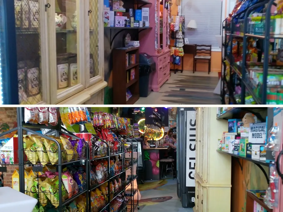 Two views down Emporium aisles lined with snacks and gifts.