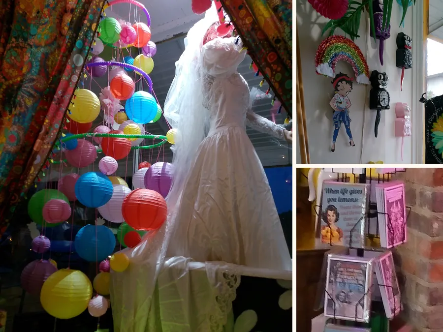 A white dress, colorful lanterns, novelty wall clocks, and greeting cards.