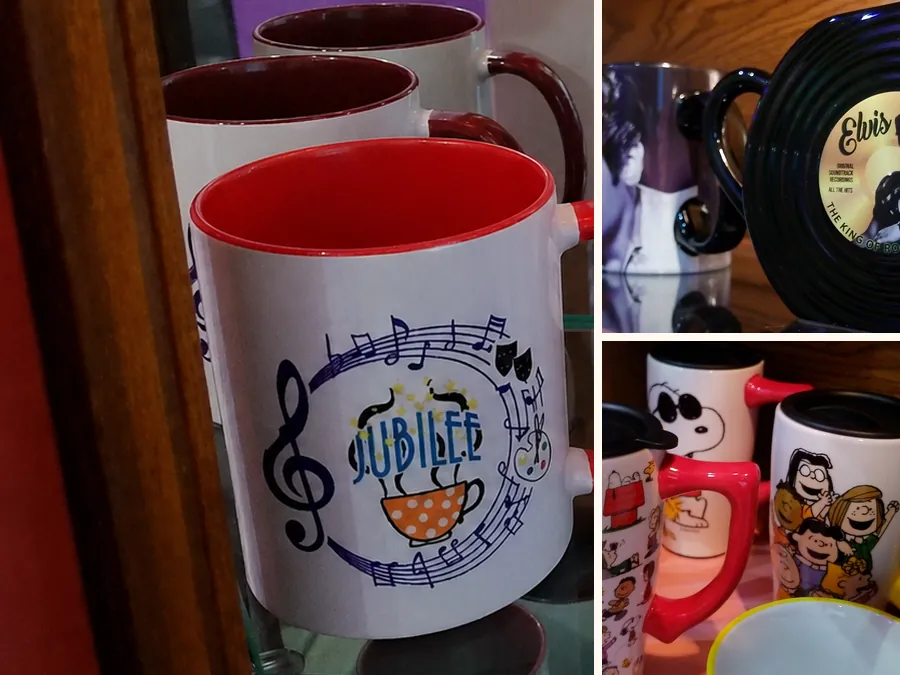 Jubilee logo mugs alongside Elvis and Peanuts themed drinkware.