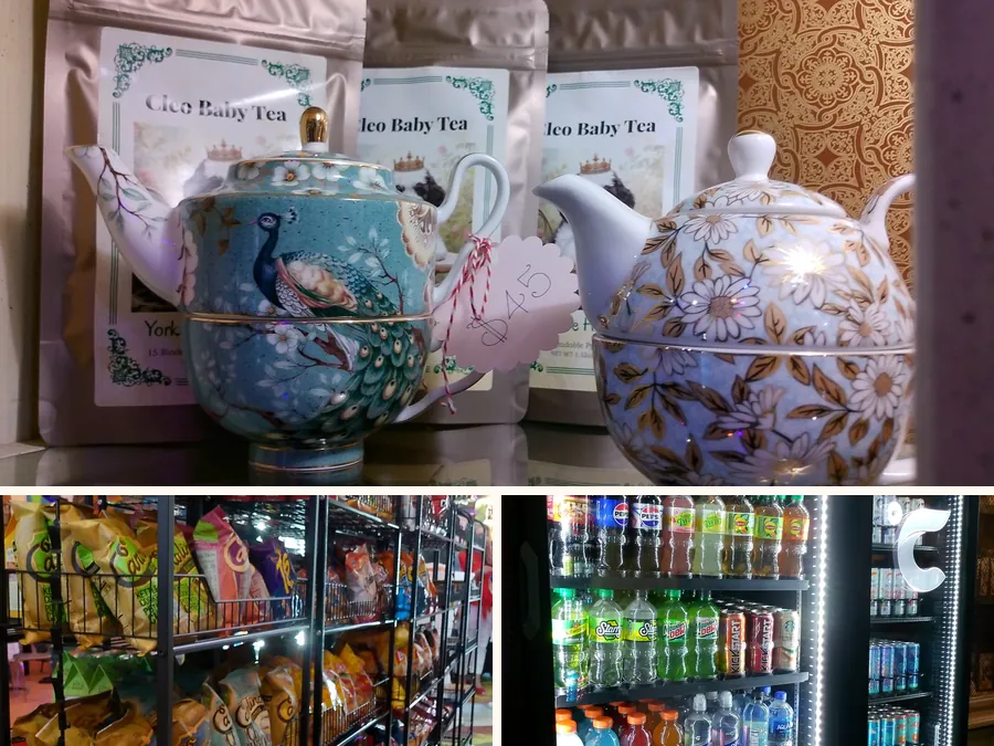 Decorative tea sets, snack shelves, and a beverage cooler.